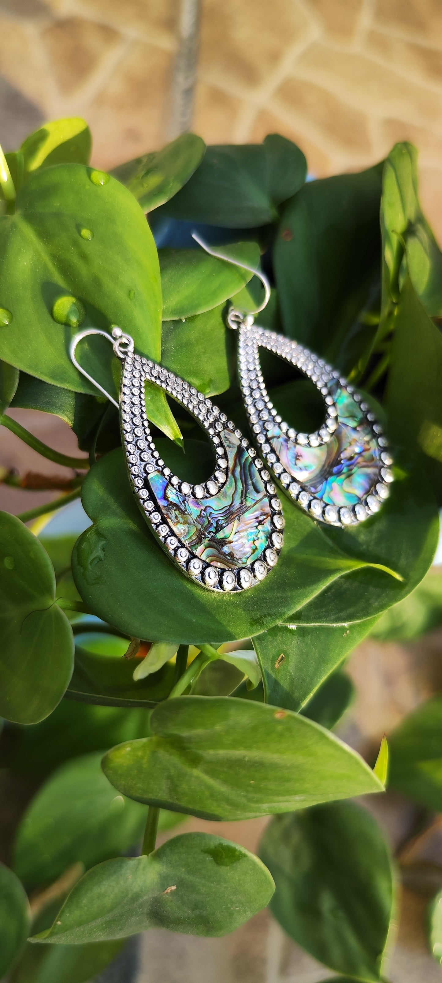 Aretes colgantes plateados con piedra de abulon 🌌
